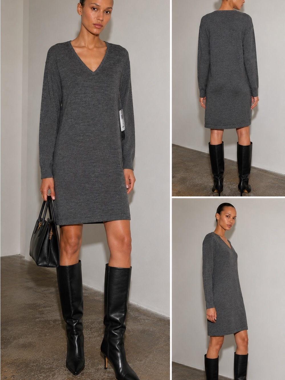 Lauren Ralph Lauren M 100% Merino Wool V-Neck Sweater Dress Gray NWT
